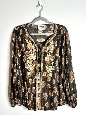 Savanna Jane Animal Print Floral Embroidered Boho Peasant Blouse Tassel Sz 1X